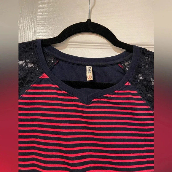 Bare Denim Crew Neck Lace Shoulder Pink Navy Stripe Long Sleeve Shirt Size M - Picture 2 of 10